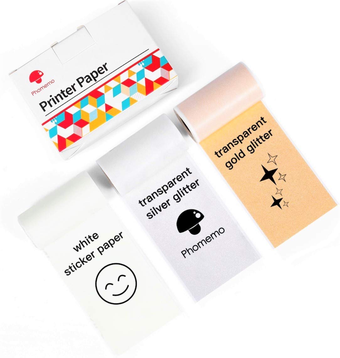 Phomemo Thermal Sticker Paper - White, Gold Glitter, Silver Glitter - 50mm-53mm Width Compatible with M02/T02/M02 Pro/M02S/M03/M03AS/M04S Pocket Printers - Perfect for Labels, Crafts, Receipts & DIY Projects