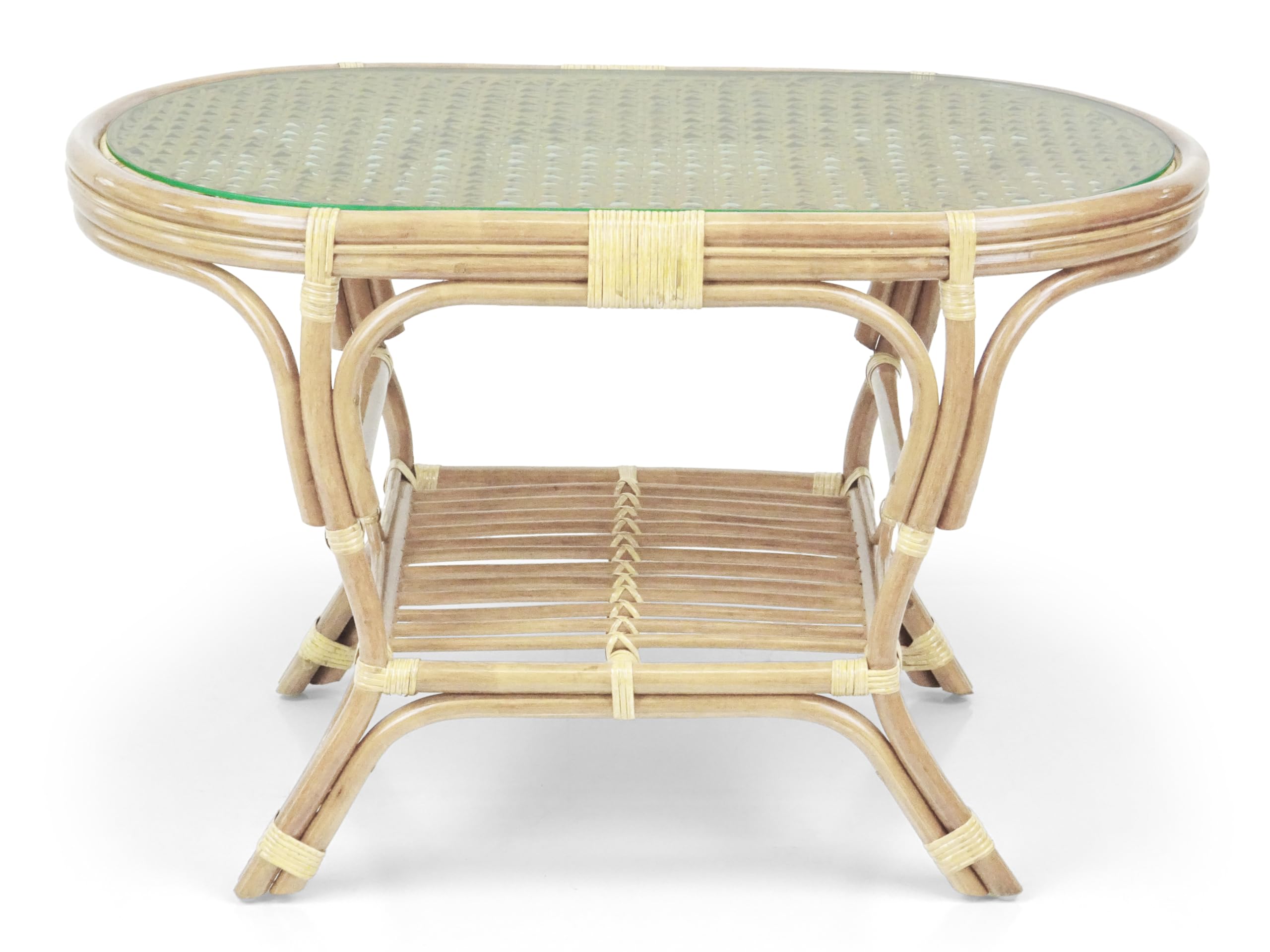 Pelangi Oval Coffee Table - Natural Rattan Wicker with Glass Top | Handmade Eco-Friendly Design for Living Room, Patio & Beach House Decor