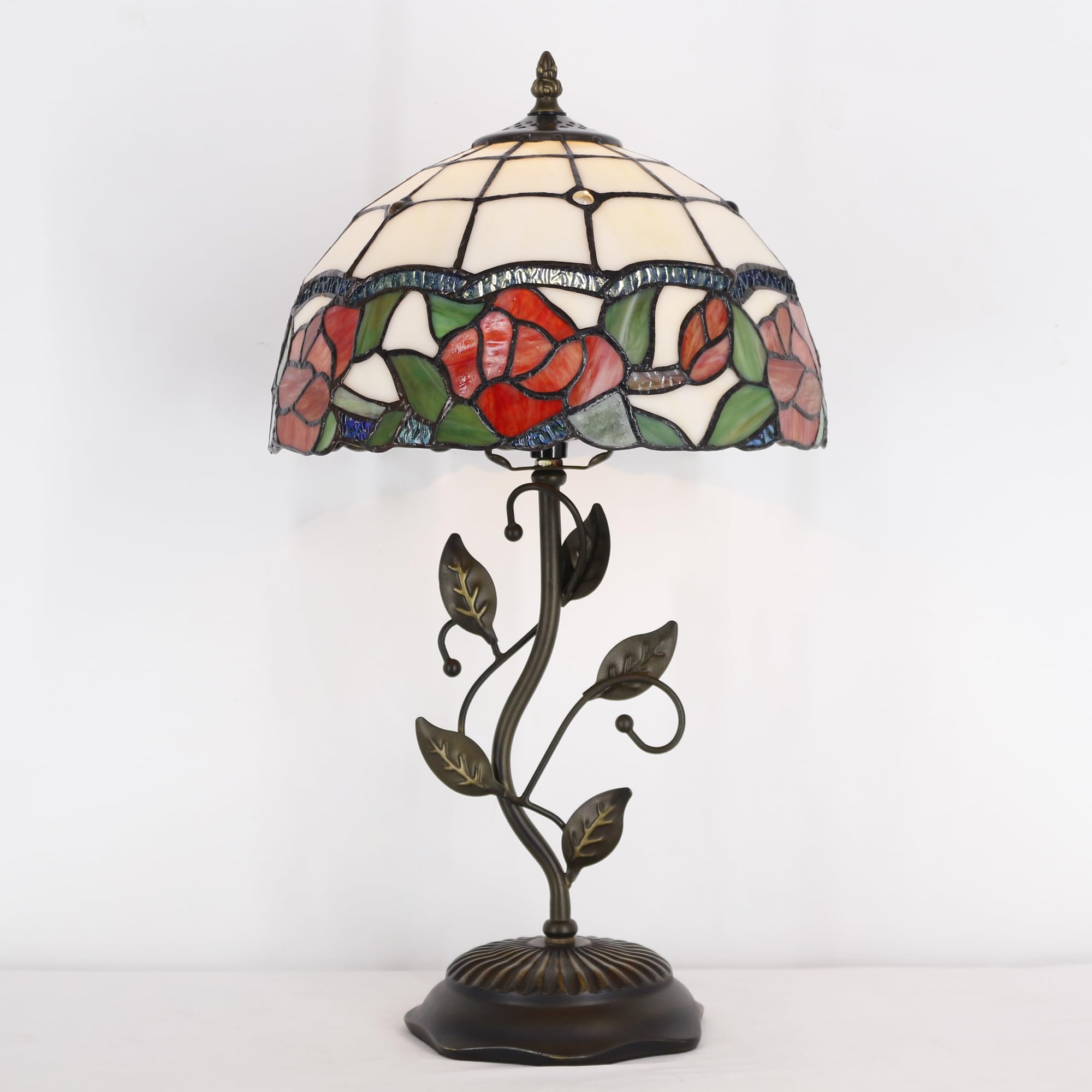 Tiffany Style Stained Glass Table Lamp with Metal Leaf Base - 12