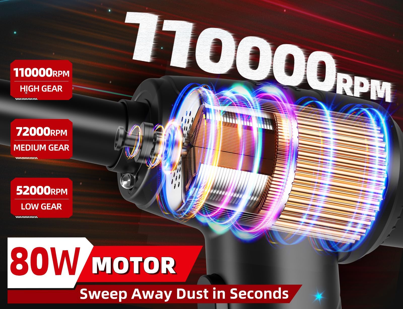 Rechargeable Electric Air Duster & Vacuum 2-in-1 - 110,000 RPM Cordless Air Blower with 3 Speed Settings, LED Light & 12,000PA Powerful Motor - Perfect for Cleaning PC, Keyboard, Car Interior, Electronics and Hard-to-Reach Areas