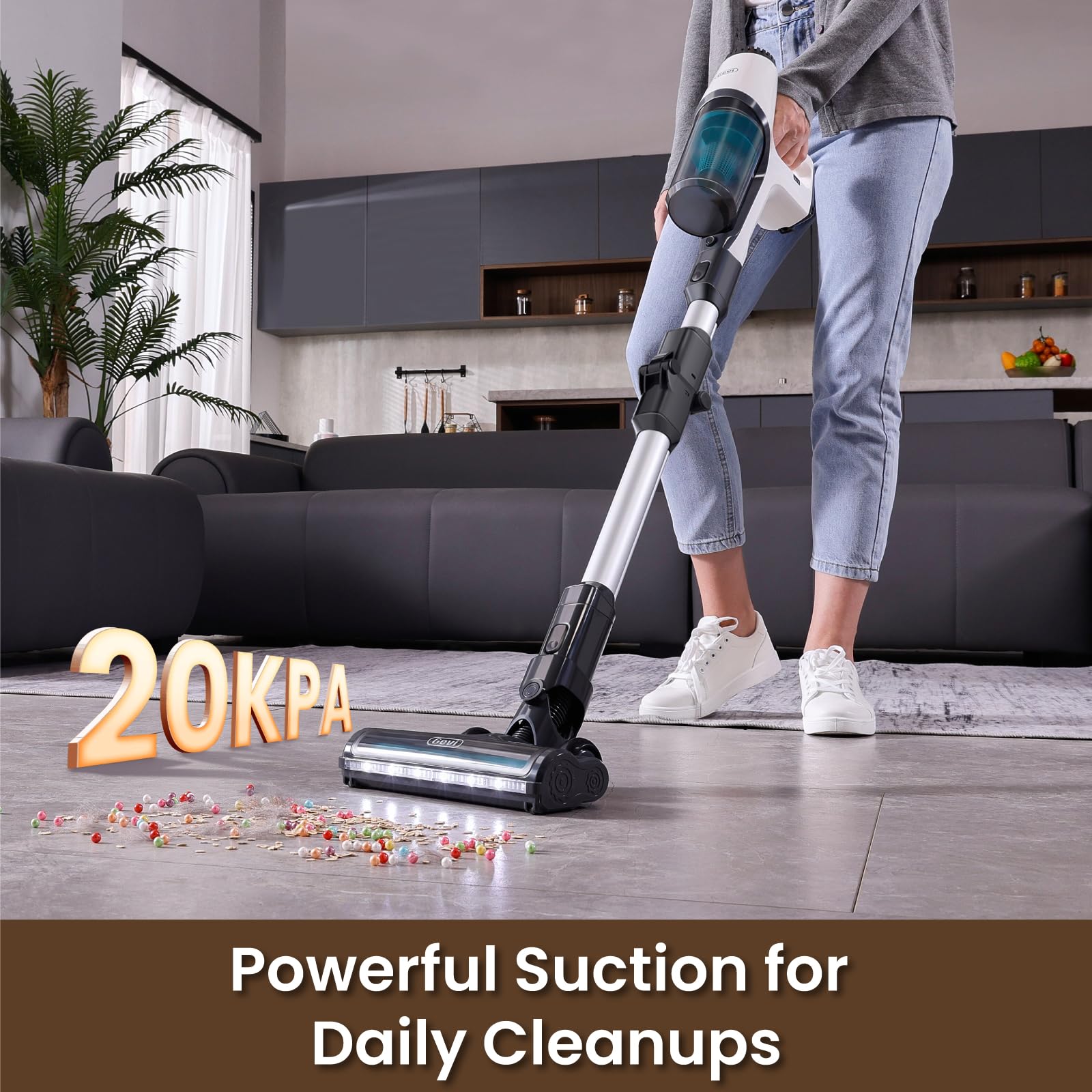 Gevi 20Kpa Powerful Cordless Stick Vacuum Cleaner with Bendable Wand, 45min Runtime, Detachable Battery, 6-in-1 Lightweight Design for Hard Floors, Carpets & Pet Hair - Perfect for Home Cleaning, Quick Pickups & Pet Owners (White)