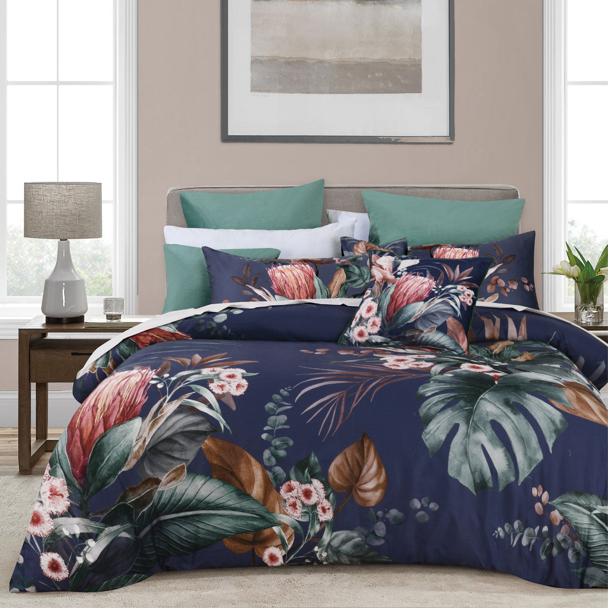 Bianca Balwyn Navy Blue Cotton Sateen Botanical Print Quilt Cover Set - Super King Size (108