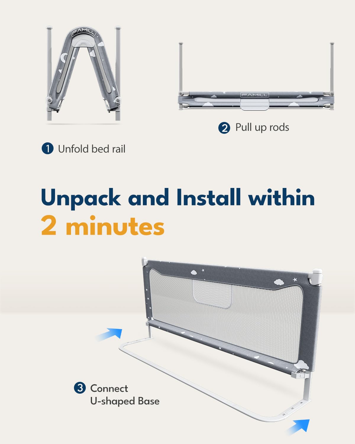 FAMILL Toddler Bed Rail - Quick Assembly Foldable Safety Guard for Kids, U-Shape Base Fits Queen, King, Full & Twin Beds (74.8