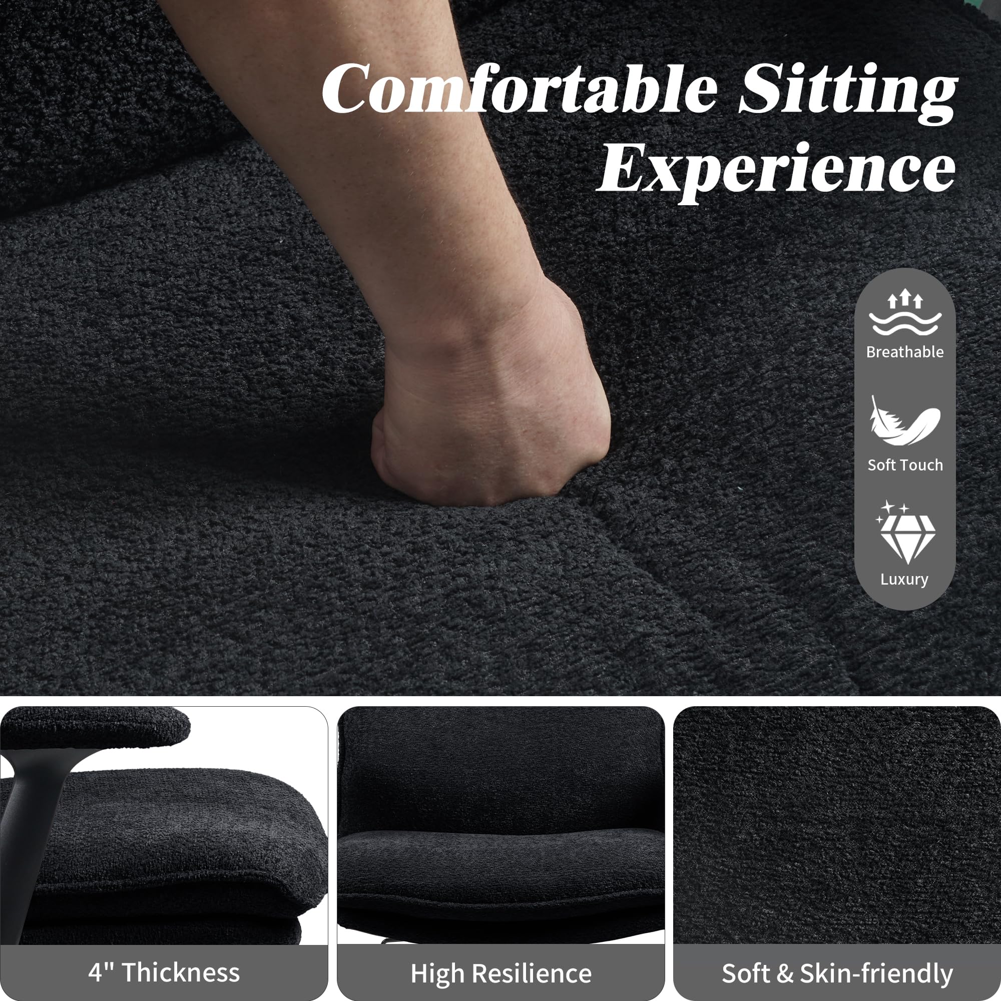 Ergonomic Cross Legged Office Chair with Wheels - Adjustable Flip-Up Armrests & Wide Seat - Comfortable Upholstered Desk Chair for Home Office, Study, Vanity or Small Spaces (Black) - Perfect for Meditation, Reading & Remote Work