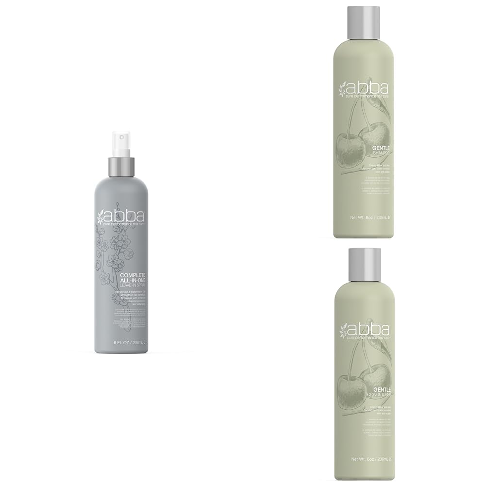**ABBA All-in-One Leave-In Spray & Pure Gentle Shampoo Conditioner Set - Cherry Bark & Aloe Vera (8 fl oz Each) for Hydration & Shine - Perfect for Daily Hair Care & Salon Styling**