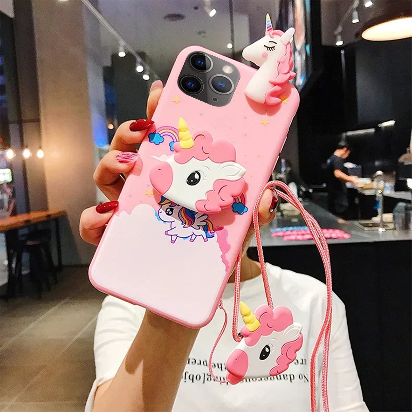 Unicorn iPhone 12 Pro Max Case 6.7 Inch with String Rope & Kickstand - 3D Cartoon Cute Elastic Protective Cover for Kids Girls Women - Perfect for School, Work & Daily Use (Pink)