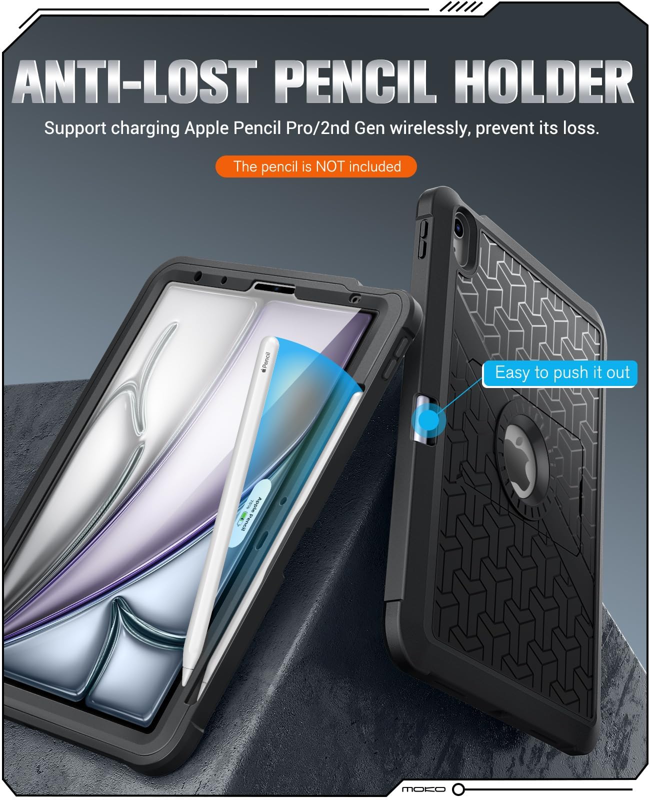 MoKo iPad Air 11 Inch Case (M3 2025 / M2 2024) & iPad Air 5th/4th Gen 10.9 Inch Case (2022/2020) - Heavy Duty Shockproof Full Body Cover with Built-in Screen Protector & Apple Pencil Holder - Black - Perfect for Work, Travel & Outdoor Protection