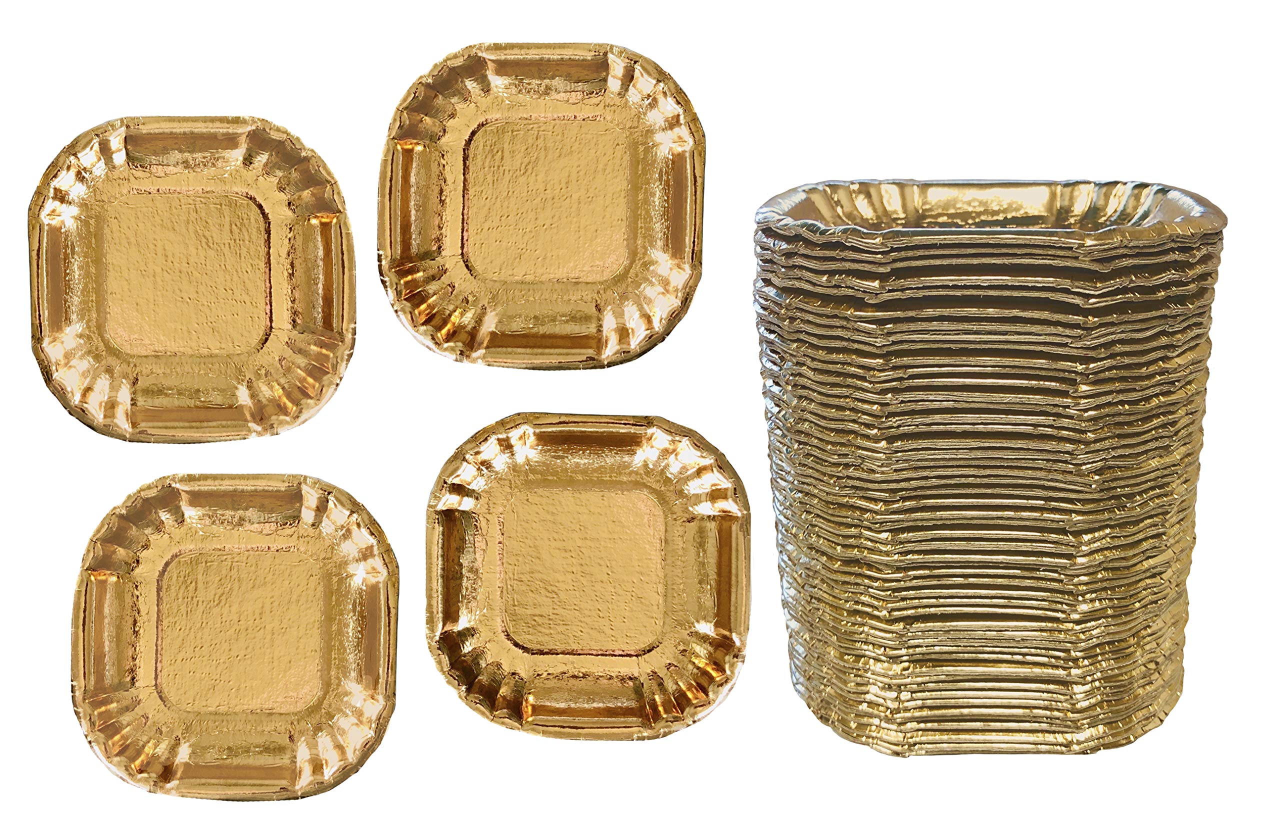 Premium Gold Foil Mini Dessert Plates 4x4 Inches - Elegant Appetizer & Charcuterie Plates for Valentine's Day, Weddings, Parties - Heavyweight Disposable Tableware - 50 Pack - Perfect for Cocktail Receptions, Bridal Showers & Dessert Displays