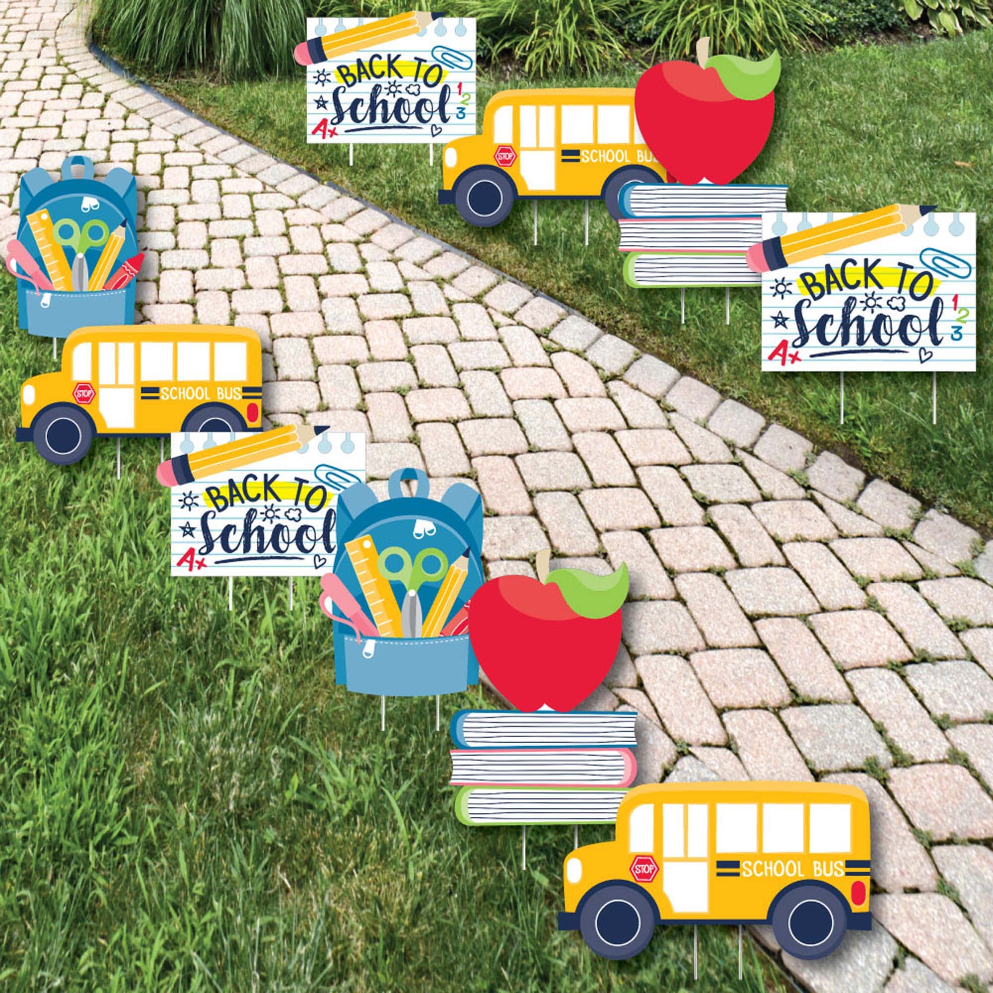 Big Dot of Happiness Back to School Decorations - 10-Piece Outdoor Yard Set with Backpack, School Bus & Apple on Books - Perfect for First Day Classroom Decor & Lawn Displays