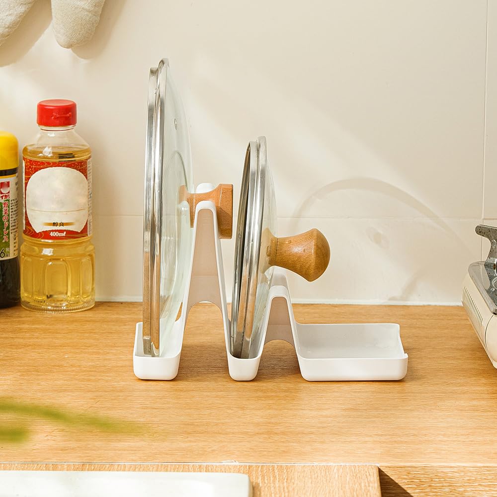 Poeland Plastic Wavy Pot Lid Holder Organizer - 2-Tier Kitchen Countertop Storage Rack for Lids, Spoons & Cutting Boards | Space-Saving Kitchen Organizer for Stovetop & Countertop Use