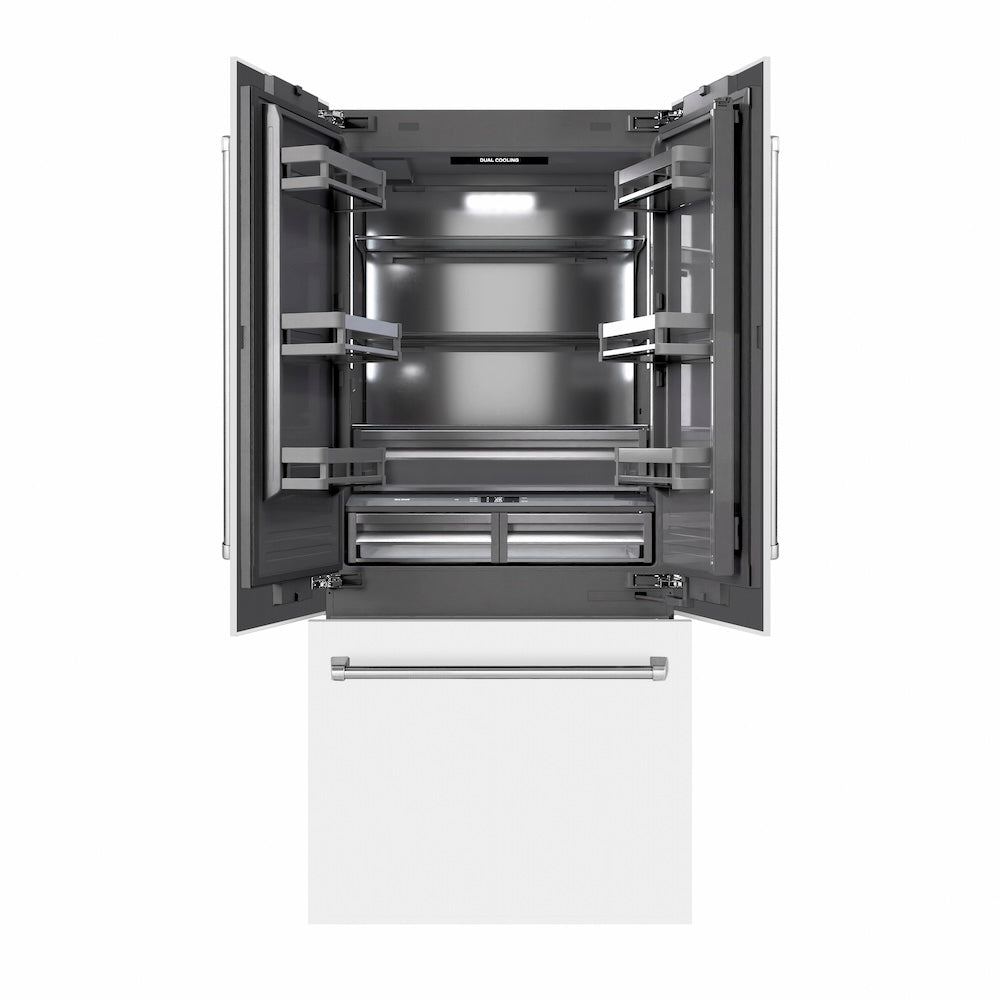 ZLINE 36 Inch French Door Built-In Refrigerator with Bottom Freezer - 19.6 cu ft Capacity, Water Dispenser & Ice Maker - White Matte Exterior with Graphite Gray Interior (GRBIV WM 36) - Perfect for Modern Kitchens and Open Concept Homes