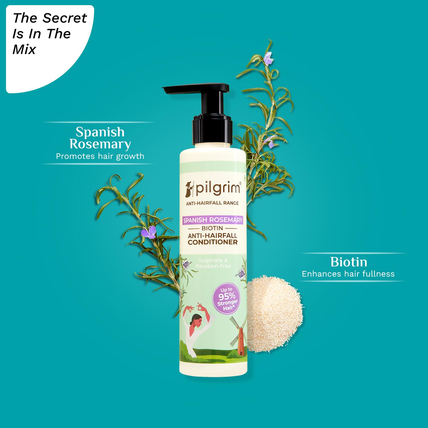 Pilgrim Spanish Rosemary & Biotin Anti-Hair Fall Conditioner - Reduce Hair Loss & Breakage | 95% Stronger Hair | All Hair Types | Men & Women | 200ml | Daily Hair Care for Thicker, Healthier Locks