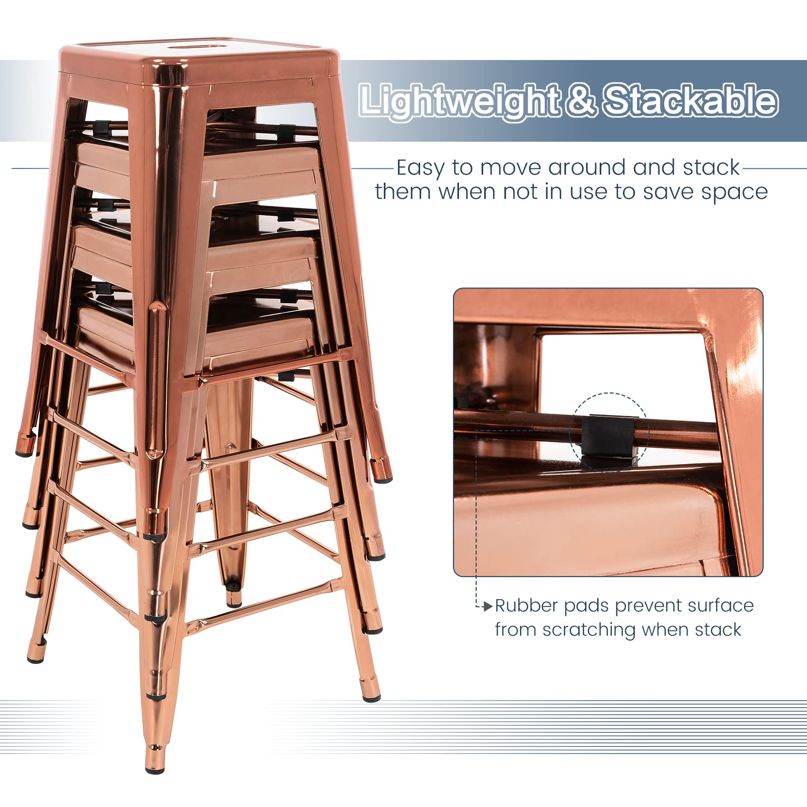 24 Inch Metal Bar Stools Set of 4 - Counter Height Backless Bar Chairs for Kitchen, Dining & Patio - Indoor/Outdoor Use - Modern Rose Gold Stools for Home & Commercial Spaces