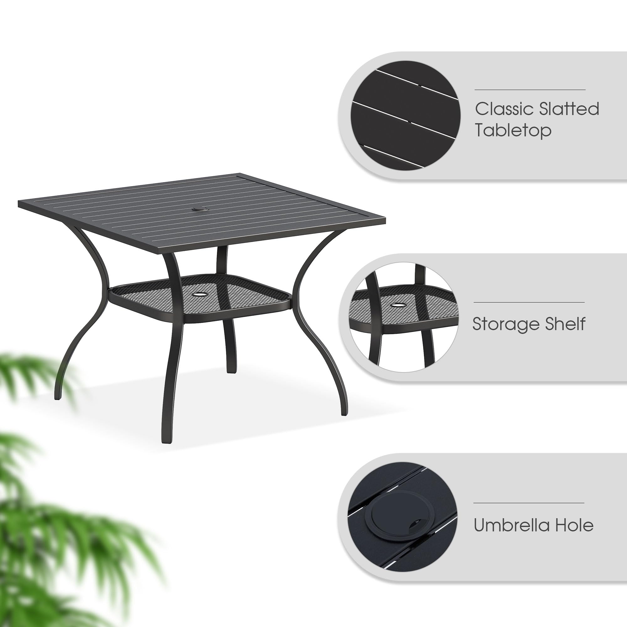 VICLLAX 4-Person Square Outdoor Patio Dining Table with Metal Slatted Tabletop, Storage Shelf & Umbrella Hole - Perfect for Backyard, Lawn, Deck & Garden Gatherings (Black)