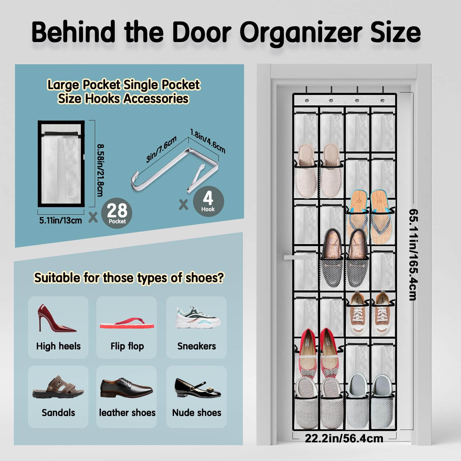28-Pocket Breathable Mesh Over-The-Door Shoe Organizer for Men & Women - Space-Saving Closet Storage Solution for Sneakers, Heels & Boots | Perfect for Bedrooms, Dorms & Small Apartments (White)