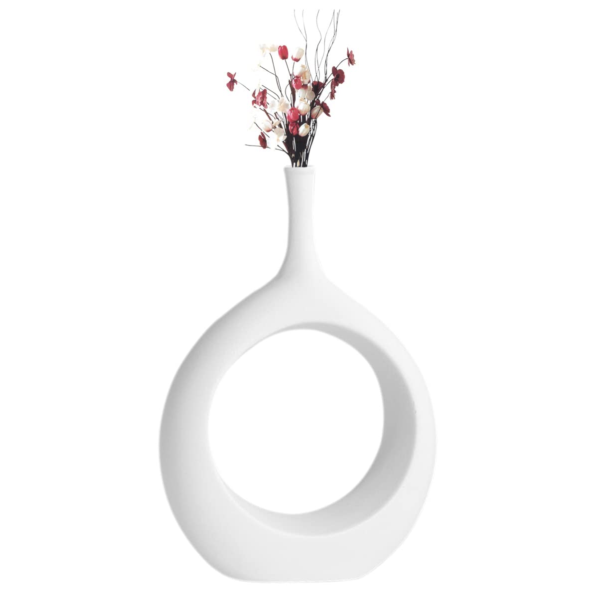 Nordic Ceramic Donut Vase - Handmade Hollow Design White Flower Pot for Dry Flowers, Modern Home Office Decor - Perfect for Living Room, Bedroom & Desktop Decoration (Small Jade Ring, White)