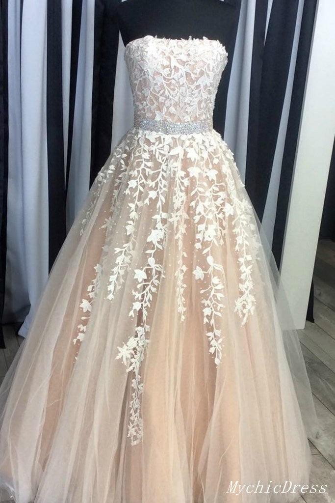 Elegant A-Line Strapless Beaded Lace Prom Dress with Back Zipper - Perfect for Homecoming, Formal Dances & Special Occasions