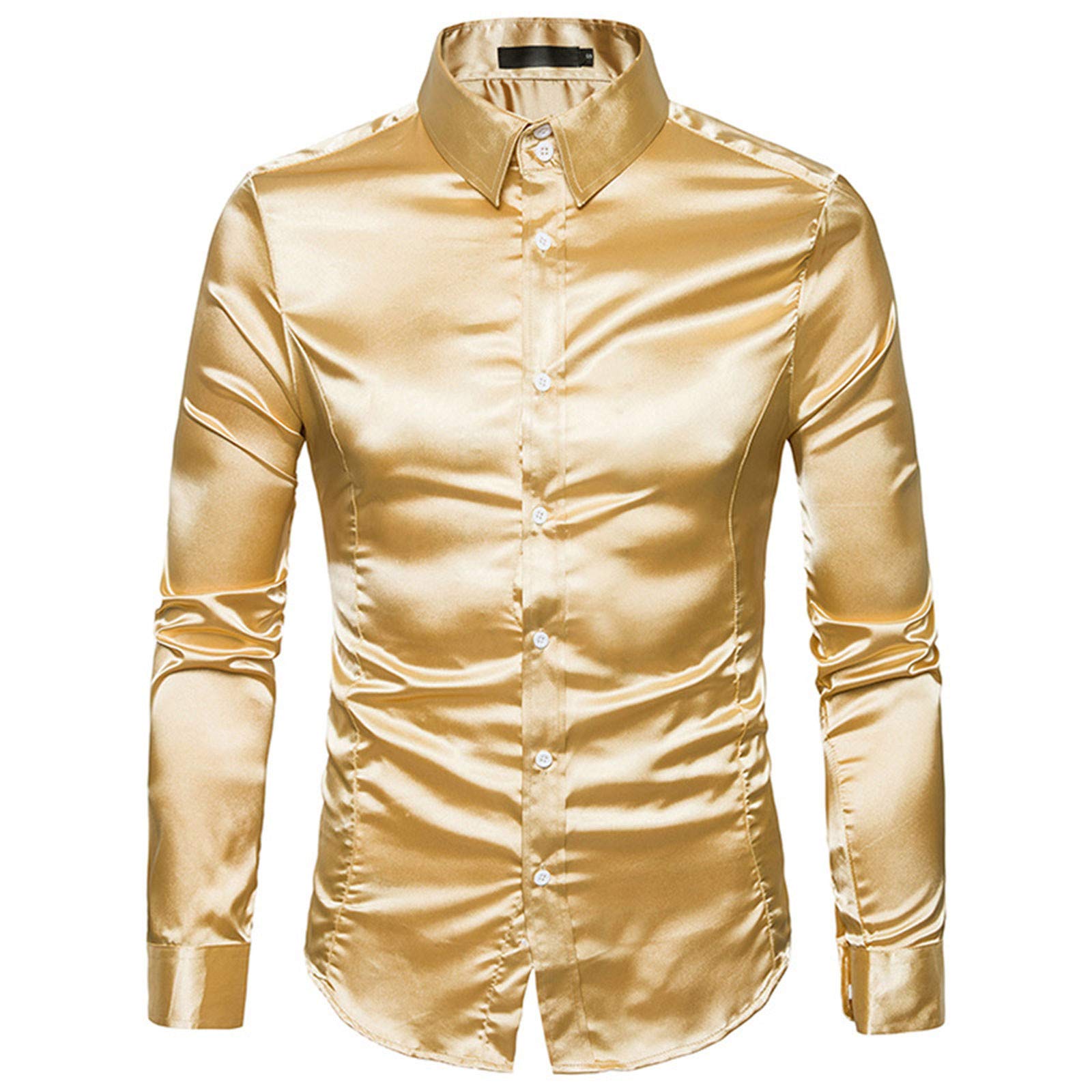 PHSHY Men's Summer Slim Fit Button Down Long Sleeve Dress Shirt - Casual Glossy Hipster Party Shirt with Lapel for Office, Wedding & Night Out