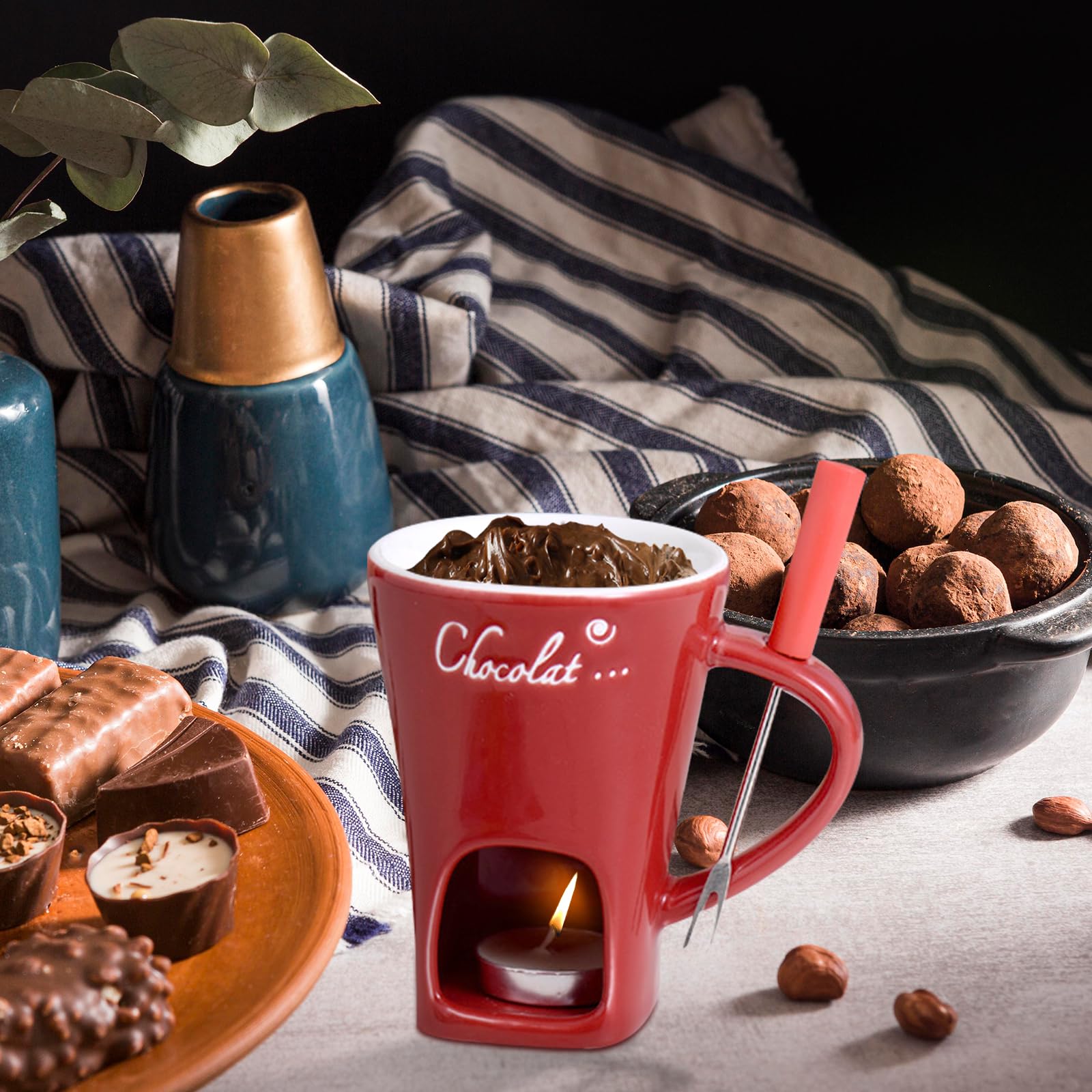 130ml Fondue Mug - Coffee Cup & Chocolate Melter Pot with Warmer for Candy, Dessert, Cooking | Perfect for Wedding, Kitchen & Party Treats (Red)
