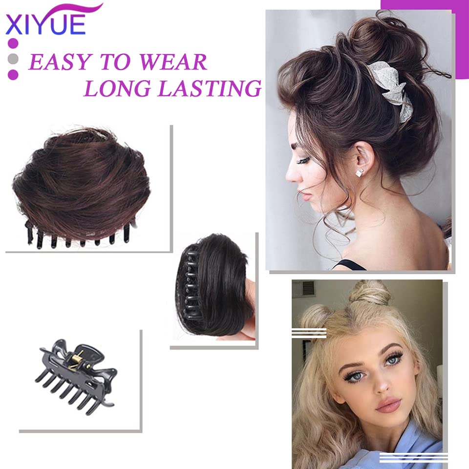 2PC Brown Synthetic Hair Bun Claw Clip - Messy Updo Donut Chignon for Women & Girls | Ballet Bun Hairpiece Extensions for Everyday, Work & Special Occasions