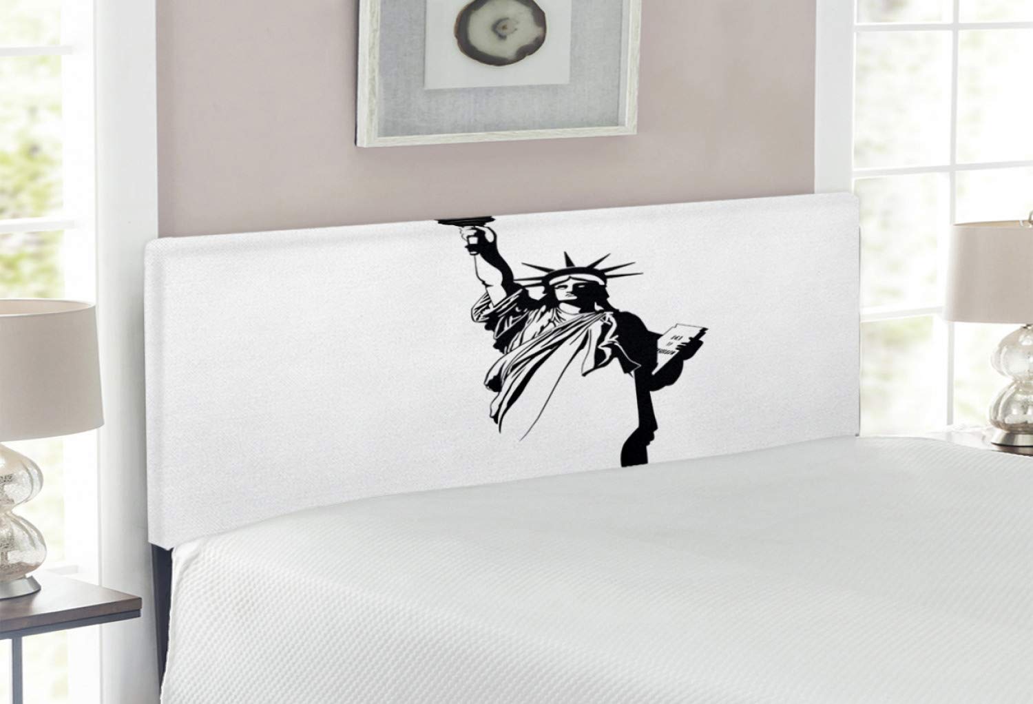 Lunarable Modern Upholstered Headboard - Liberty America USA Historical Landmark Design, Black and White Decorative Metal Bed Headboard with Memory Foam, Full Size - Perfect for Bedroom Decor & Contemporary Home Styling