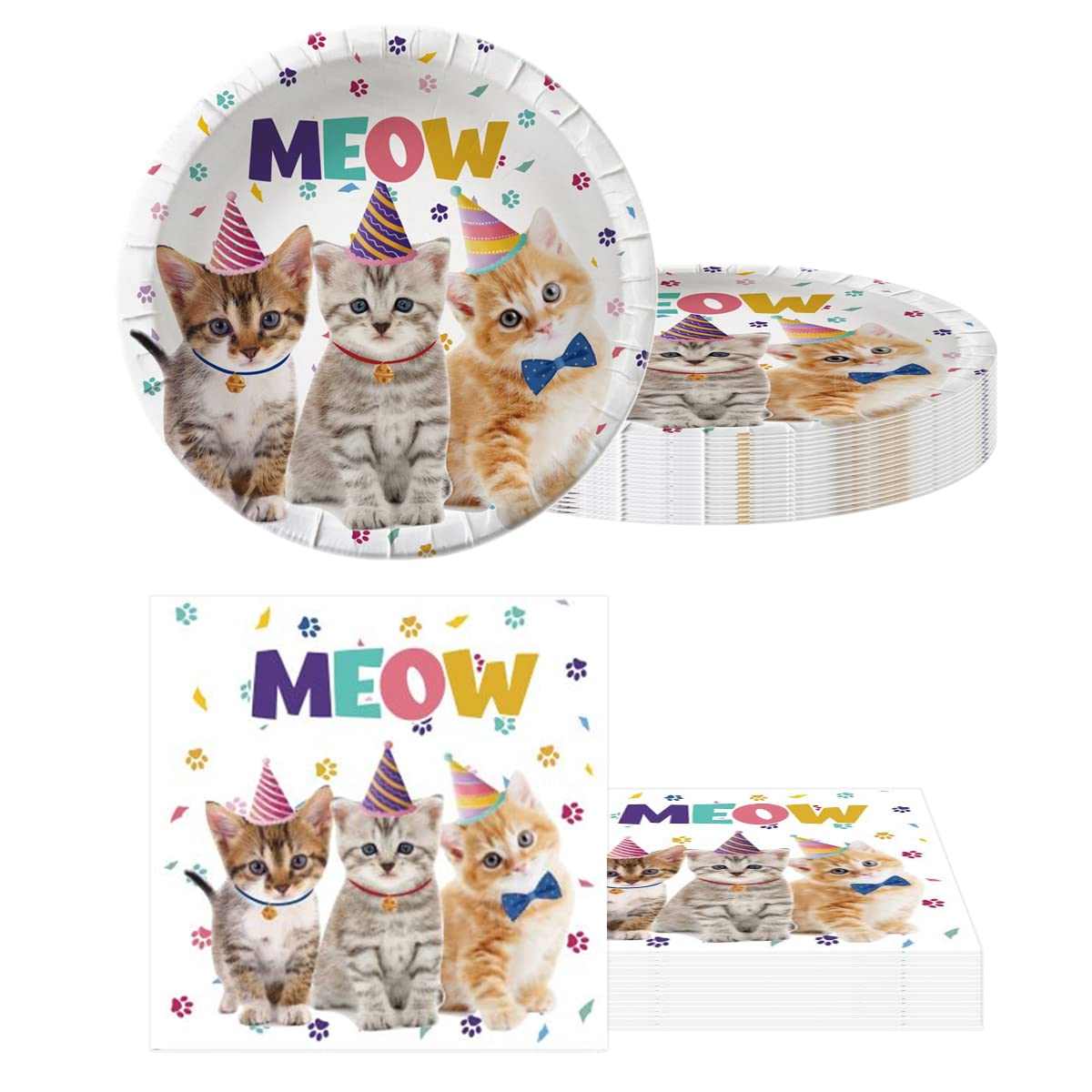 Cat Themed Party Supplies - 20 Plates, 20 Napkins & 71