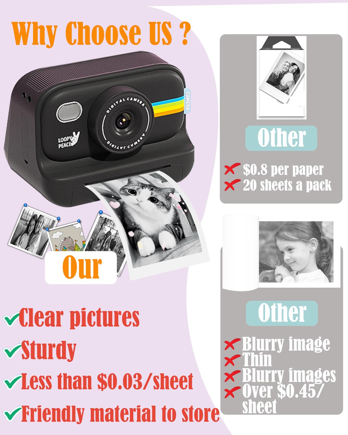 Kids Instant Camera Refill Paper - 12 Rolls HD Thermal Print Paper Set for Portable Film Cameras | Candy Colors | Perfect for Birthday Gifts, Travel Souvenirs & Creative Photography