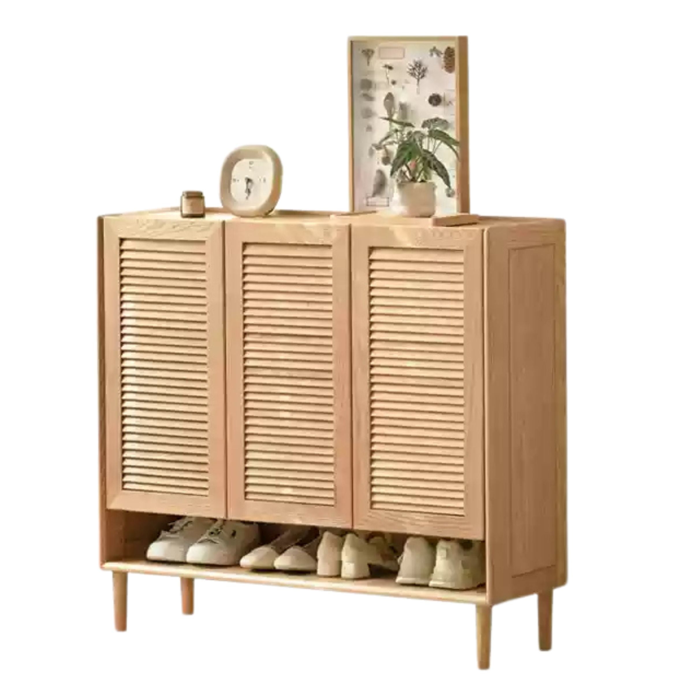 Solid Oak Wood Modern Shoe Cabinet with Storage - Stylish Entryway Organizer for Home & Office