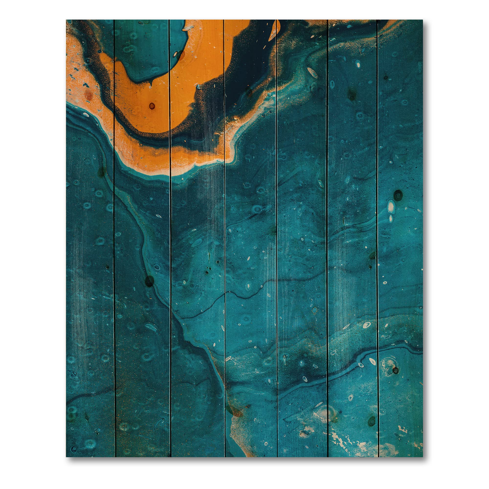 Abstract Marble Wood Wall Art - Blue & Orange Modern Decor for Living Room