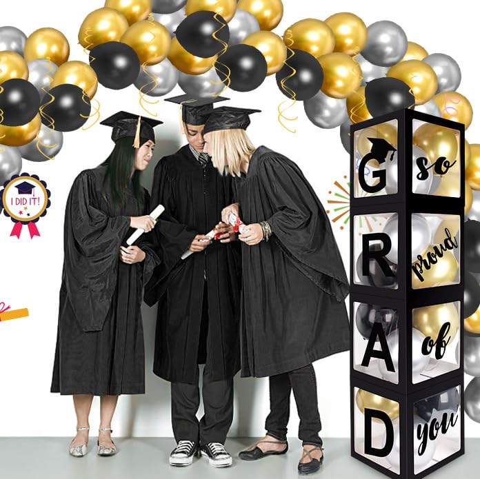 **AOKE Graduation Party Decorations 2025 – 4Pcs Graduation Balloon Boxes with Gold Balloons & Black 