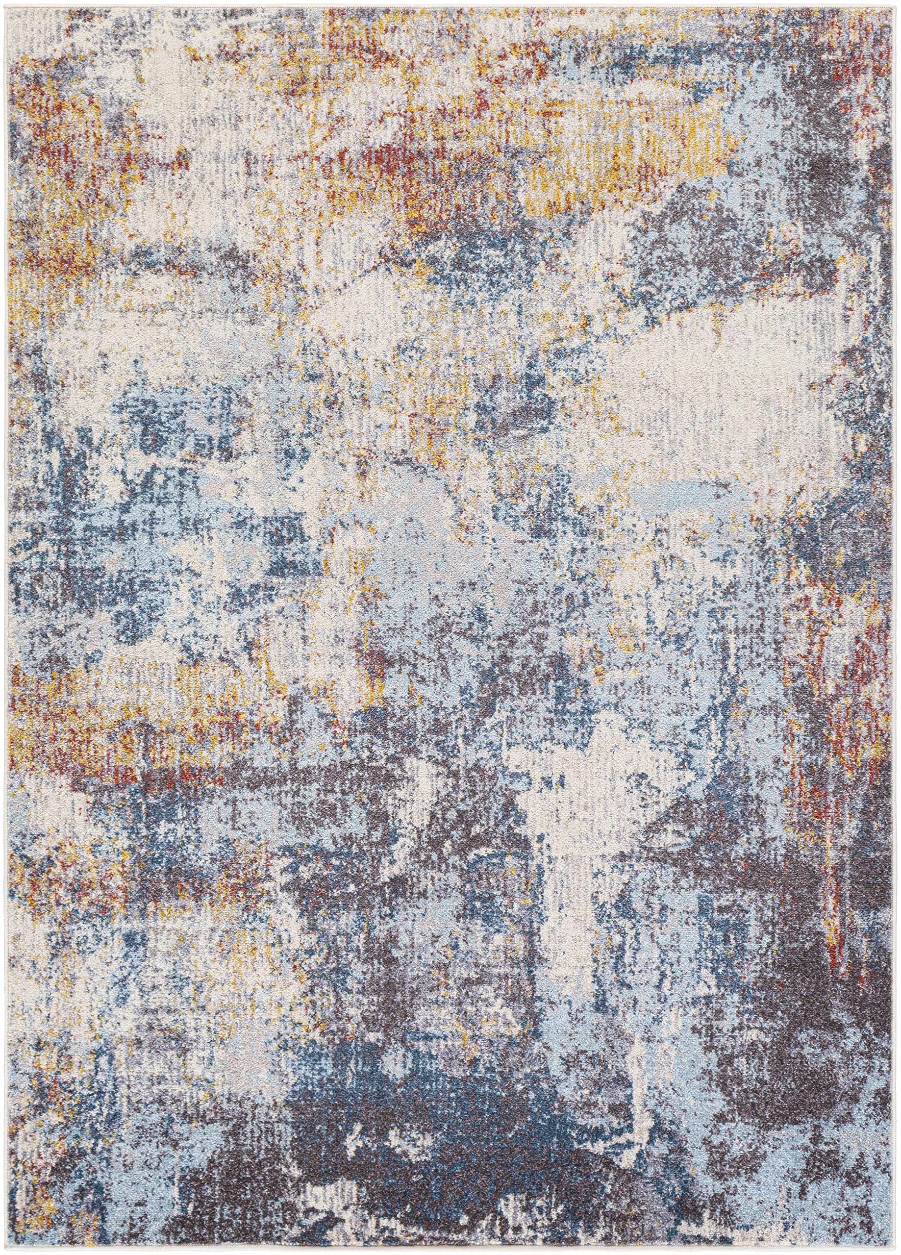 Modern Hauteloom Cofield Area Rug for Living Room & Bedroom - Soft Gray, Blue, Red Design - 6'7
