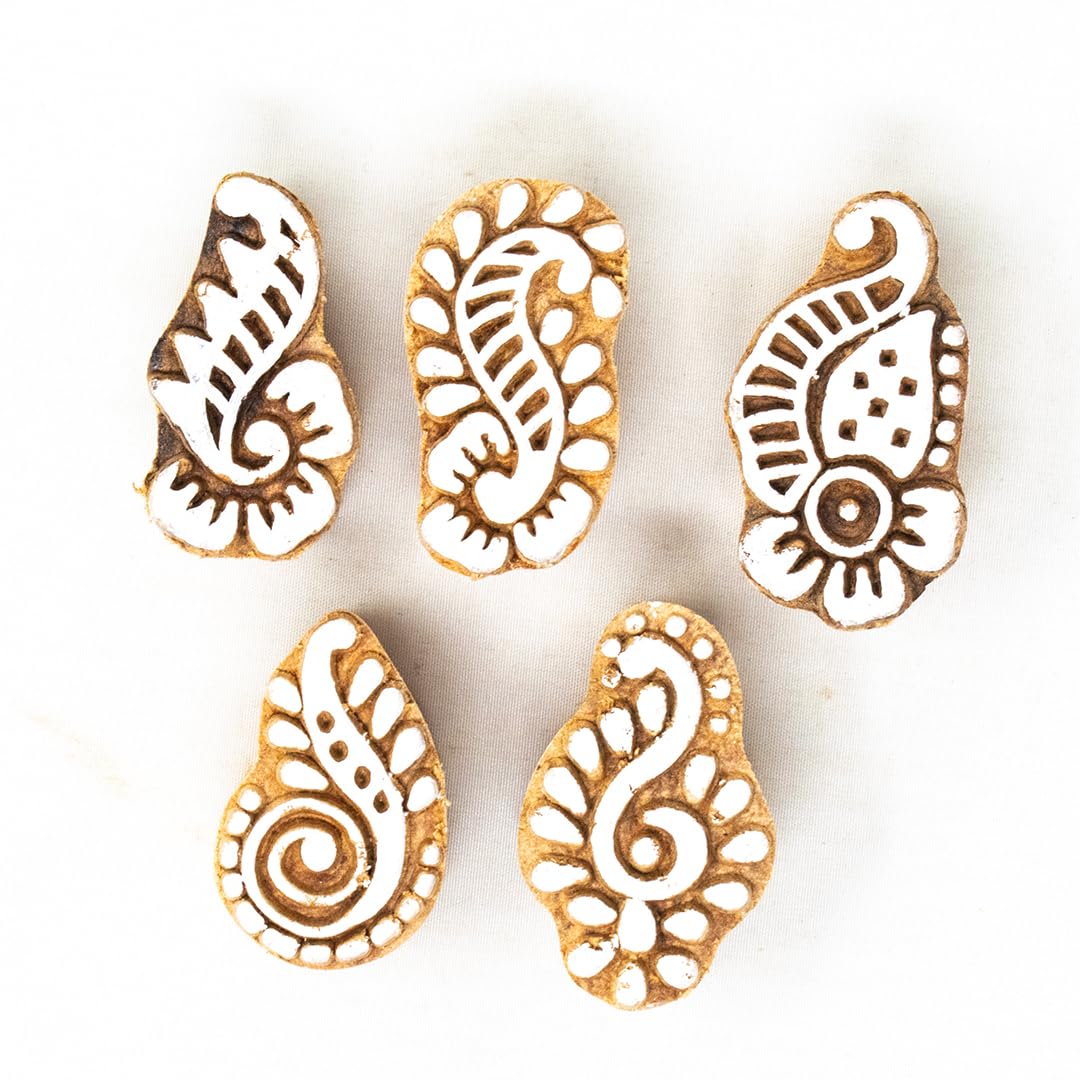 Hashcart Small Wooden Stamp Block Set - 5 Handmade Printing Stamps for Saree Borders, Dresses, Craft Cards, Scrapbooking & Clay Pottery | DIY Art Projects, Fabric Printing & Home Decor