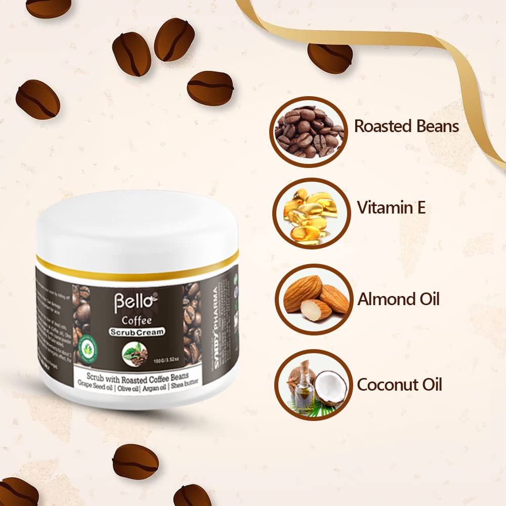 Bello Coffee Scrub Cream - 100g Exfoliating Body Scrub with Natural Coffee Beans & Herbal Extracts for Smooth Skin | Perfect for Spa Day, Dry Skin Treatment & Home Relaxation