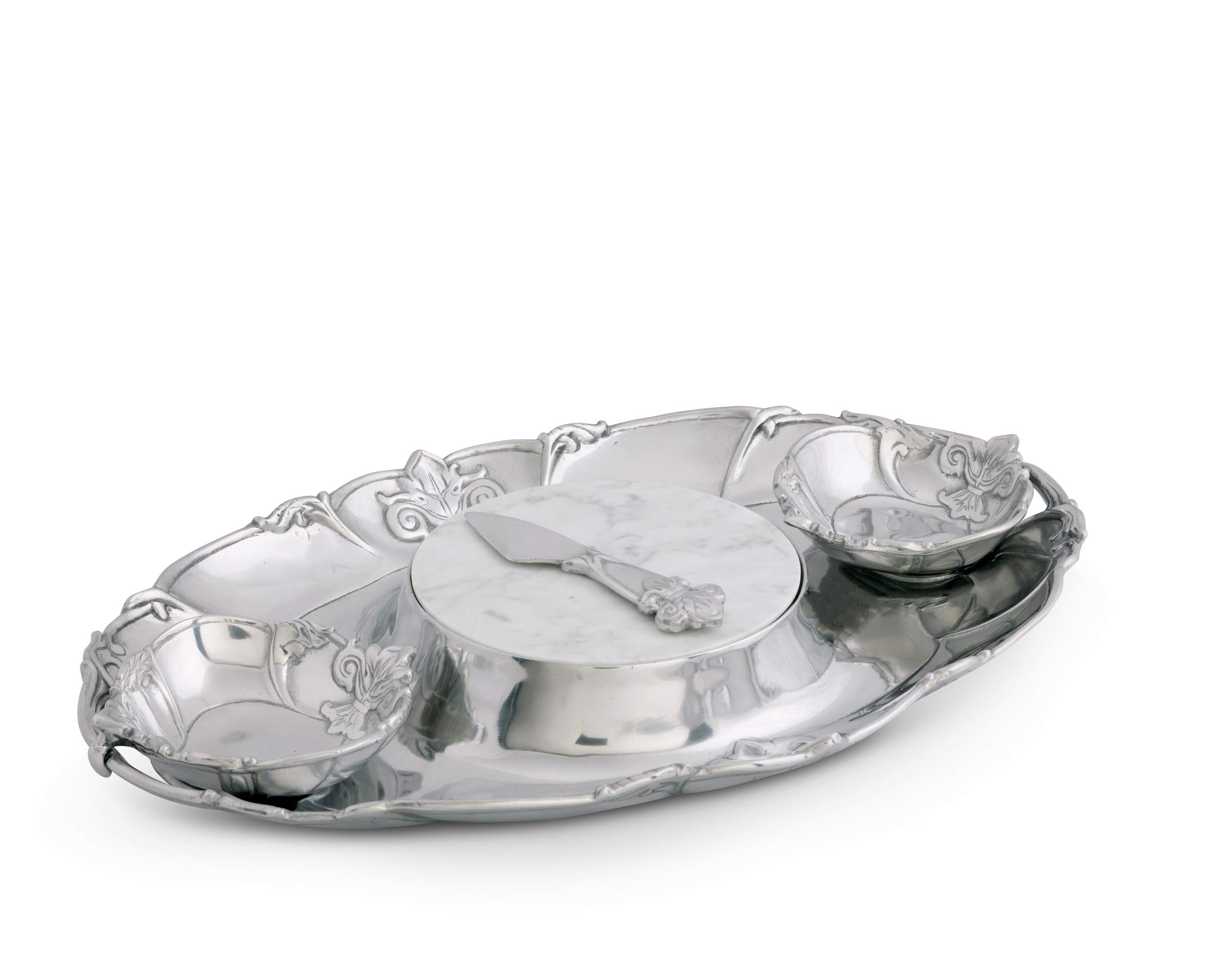 Arthur Court Designs Aluminum Fleur-De-Lis 5-Piece Cheese & Chip Serving Set with Two Bowls, Spreader, Marble Base, and 20x13 Inch Tray – Perfect for Parties, Entertaining, and Gourmet Snack Presentation