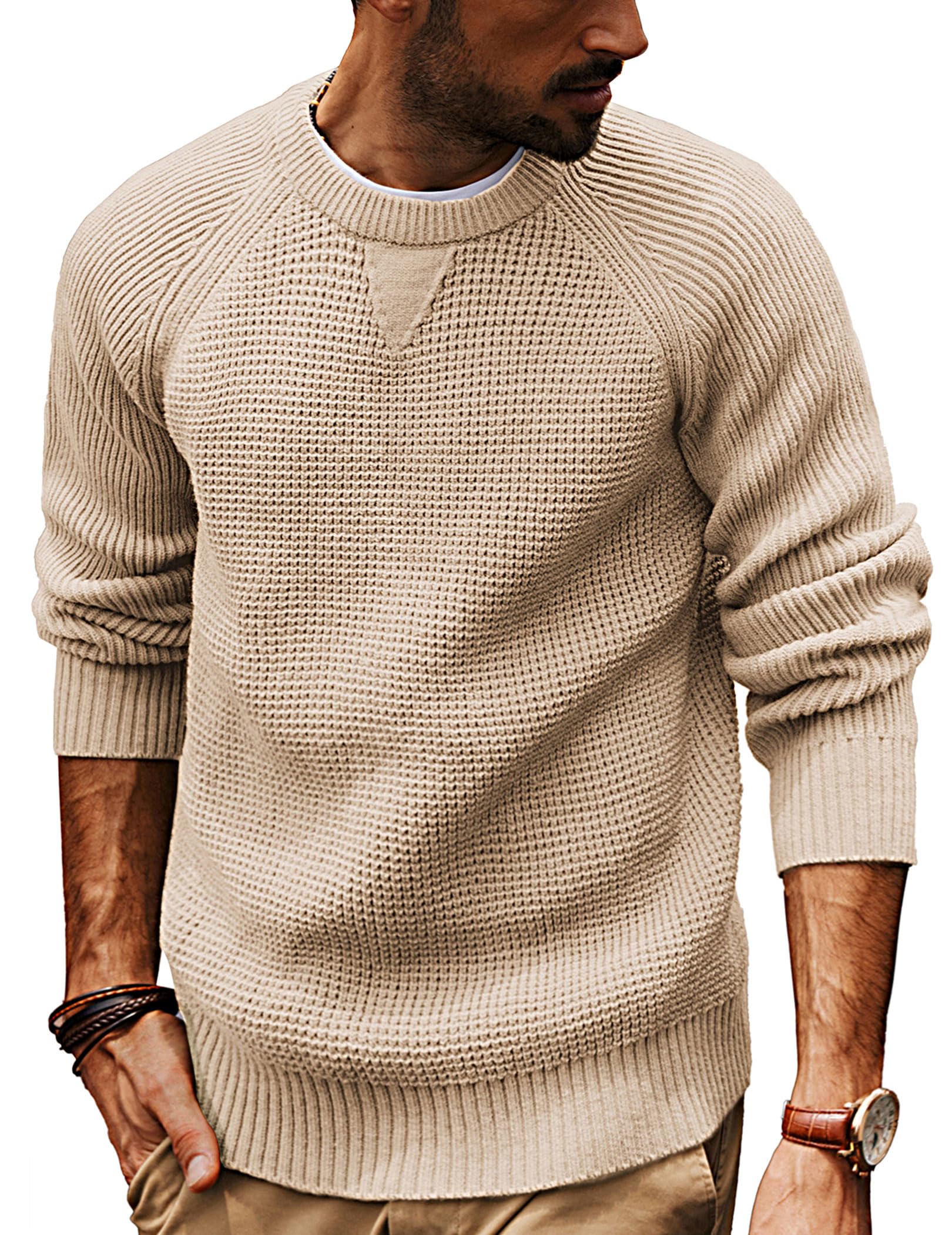 PJ PAUL JONES Men's Waffle Knit Crewneck Sweater - Raglan Sleeve Pullover for Casual Wear, Office & Winter Outfits | Soft Knitwear for Men