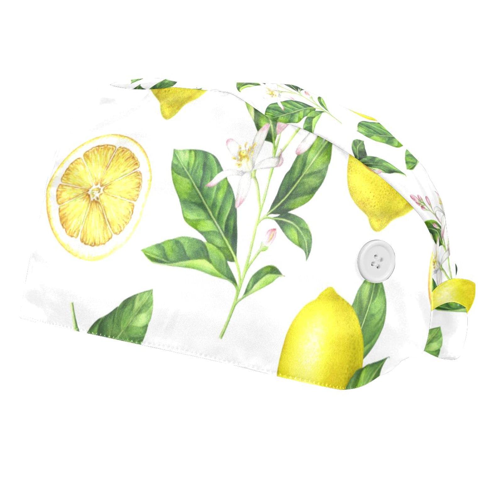 DEYYA 2 Pack Cotton Bouffant Turban Caps with Buttons & Elastic Sweatband - Breathable Working Hats for Men & Women (Lemon Fruit Pattern) - Perfect for Food Service, Healthcare, and Salon Professionals