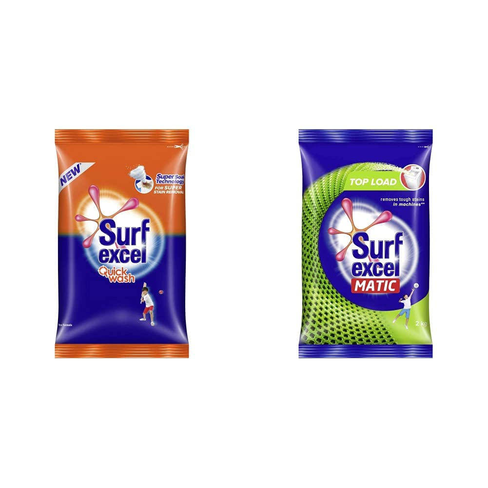 Surf Excel Quick Wash & Matic Top Load Laundry Detergent Powder - 2kg Each | Fast Cleaning for Stains | Ideal for Top Load Washing Machines & Quick Wash Cycles