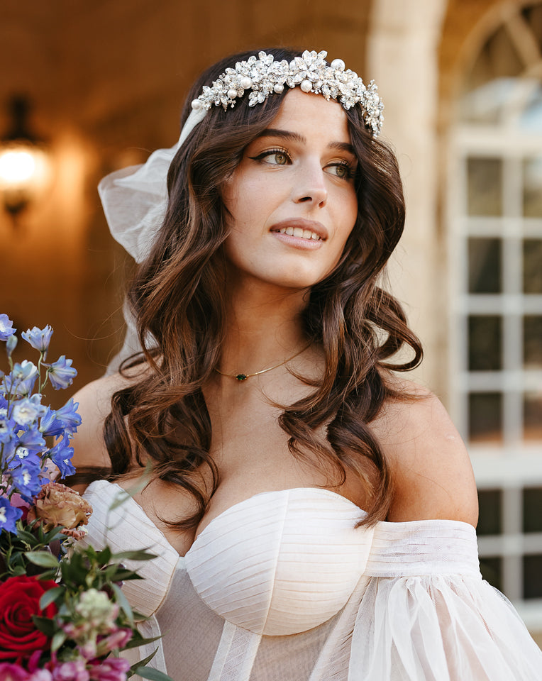 Elegant Wedding & Bridal Crystal Garland Headpiece with Tulle Bow - Titania by Kezani | Perfect for Brides, Bridesmaids & Special Occasions
