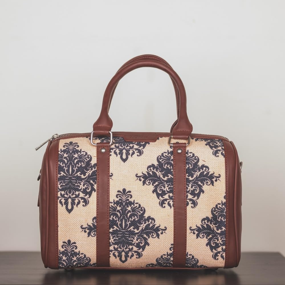 ZOUK Vegan Leather Handmade Women's Handbag - Printed Designer Purse with Double Handles & Detachable Crossbody Strap for Work, Travel & Everyday Use