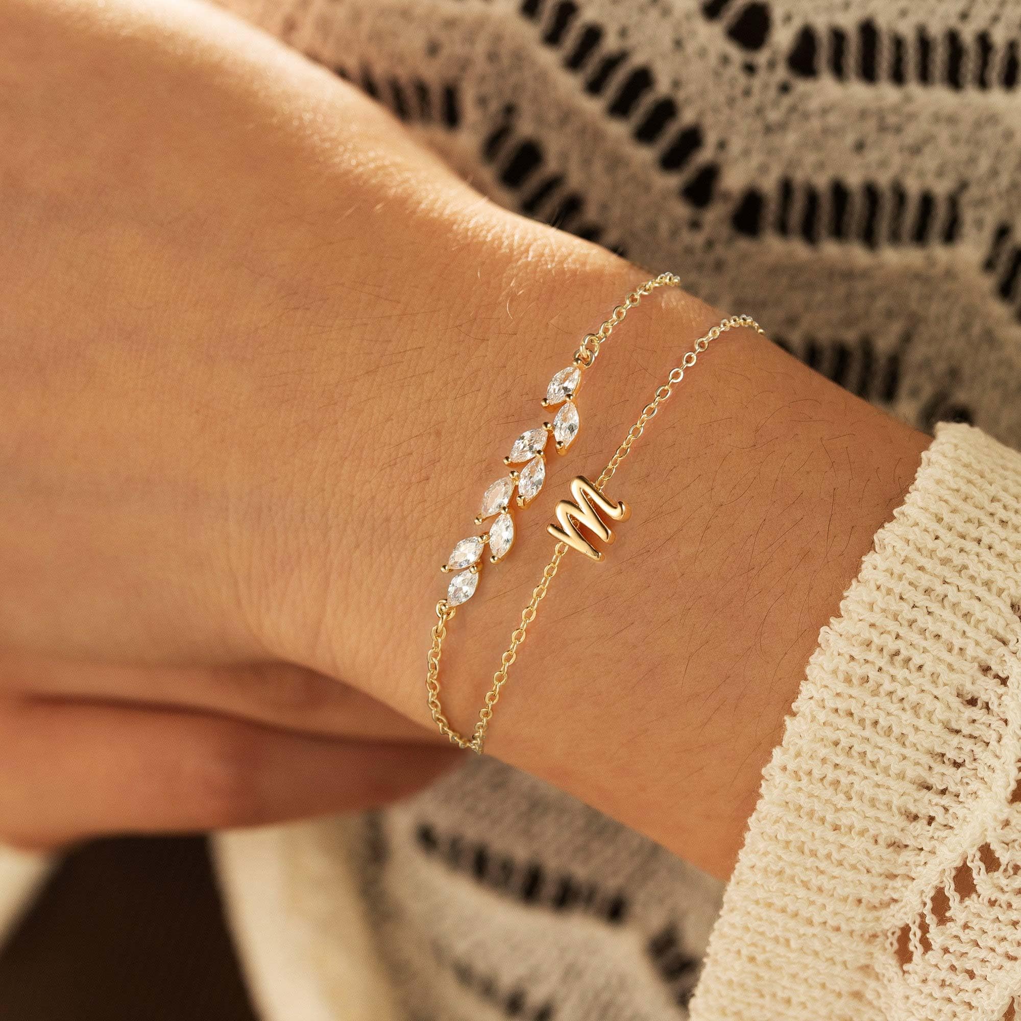 Turandoss 14K Gold Plated Initial Charm Bracelet for Women - Layered Gold CZ Leaf Bracelet, Bridesmaid Proposal Gift, Bride Gift - Perfect for Weddings, Anniversaries & Special Occasions