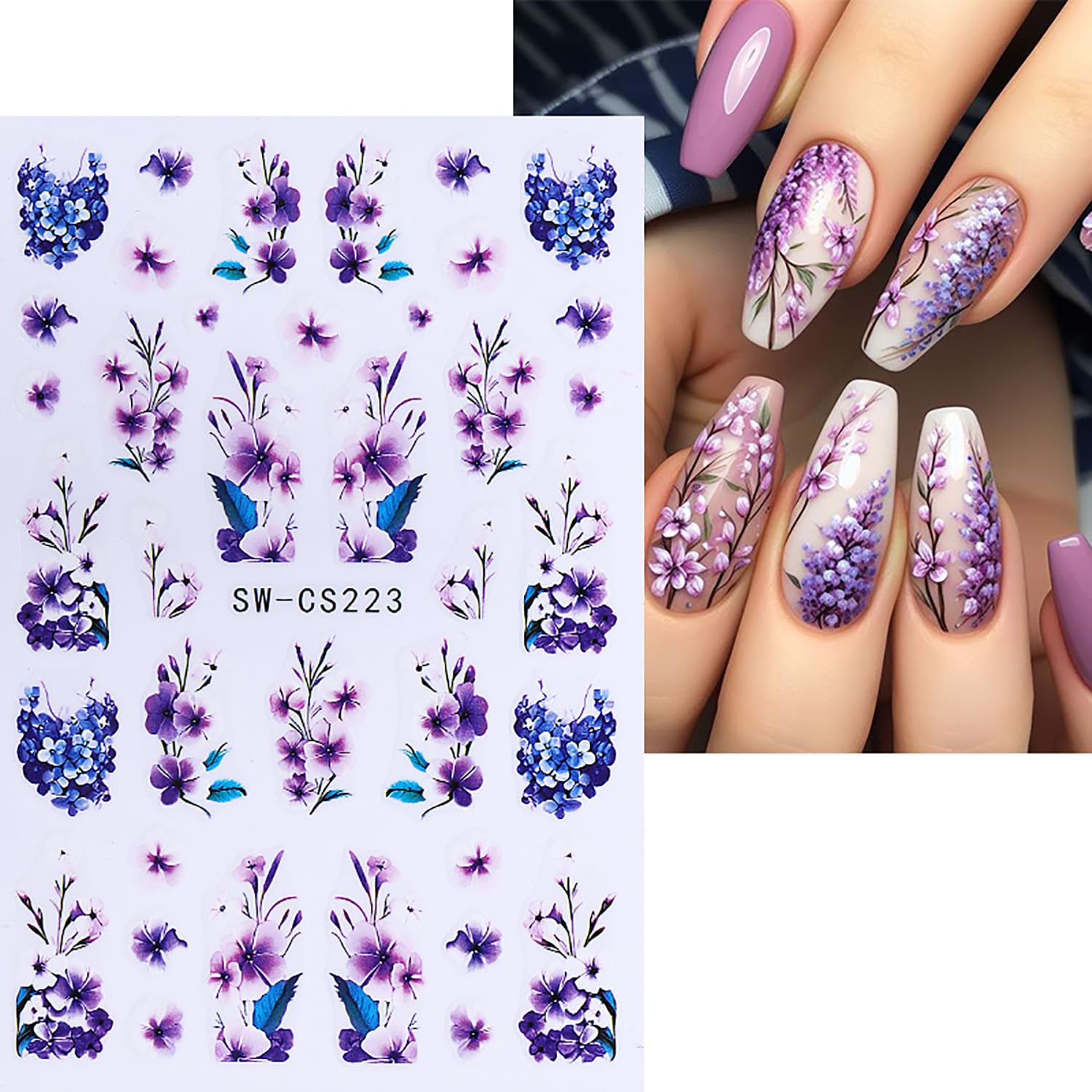3D Self-Adhesive Lavender Floral Nail Stickers - 6PCS Spring Nail Art Decals with Pink Blue Flower Designs | DIY Nail Decorations for Women | Perfect for Spring Parties, Weddings & Everyday Nail Art