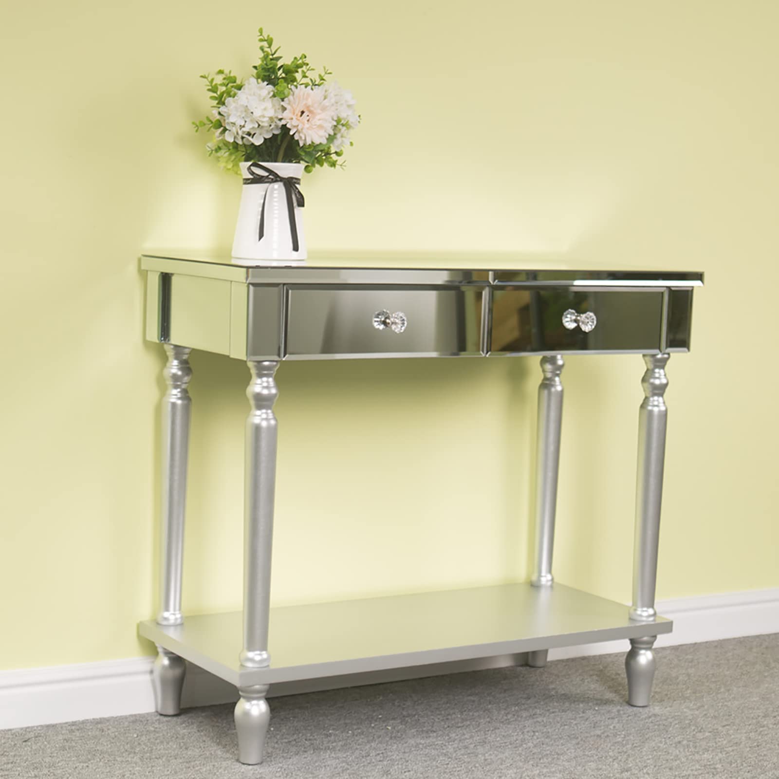 2 Drawers with Shelf Mirror Dressing Table - White Vanity Desk with Crystal Knobs for Makeup, Home Office & Bedroom - Elegant Console Table for Women, Smooth Finish, Versatile for Living Room & Entryway