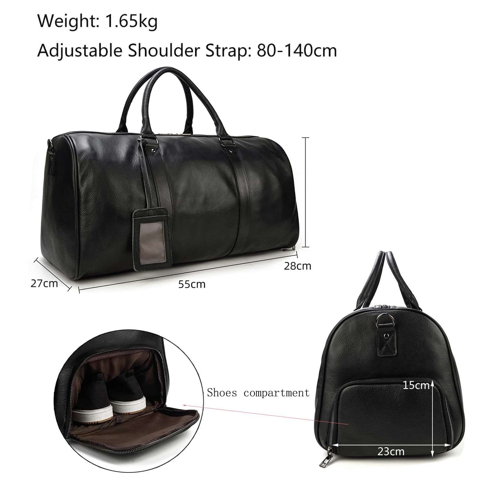 Premium Genuine Leather Travel Duffel Bag - Large Capacity Luggage with Shoe Compartment for Men & Women - Perfect for Weekend Getaways, Business Trips & Holidays (55cm, Black) - Ideal for Gym, Sports & Air Travel
