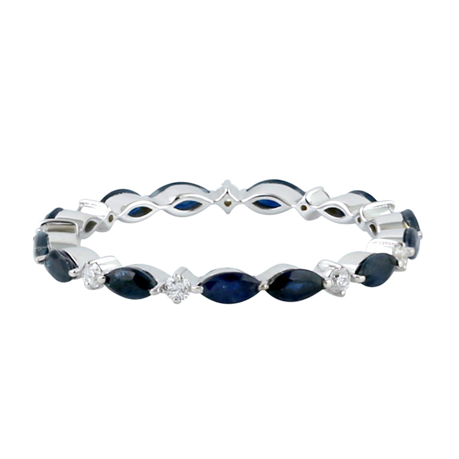 14K White Gold Marquise Cut Blue Sapphire and Diamond Prong Band Ring - Elegant Engagement, Wedding, or Anniversary Jewelry Gift
