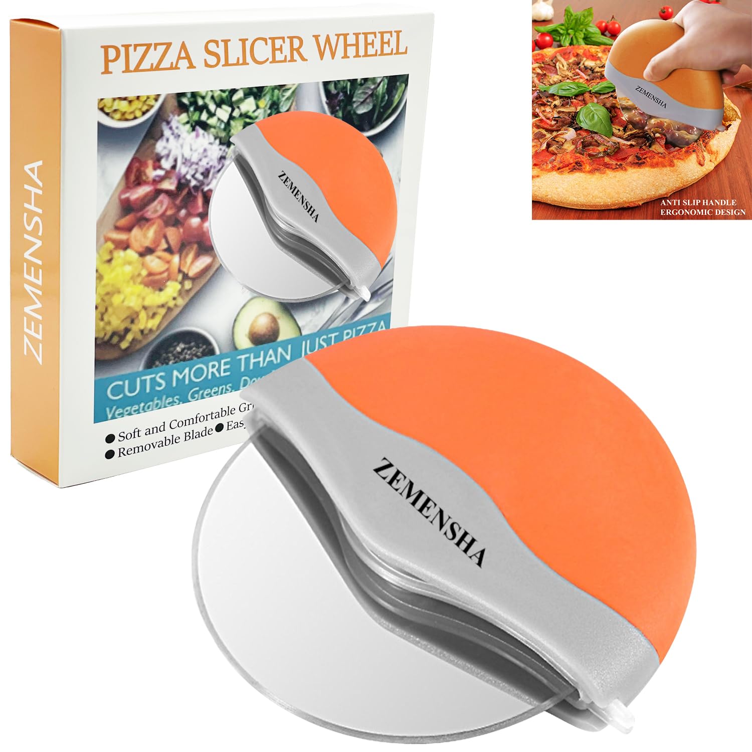 Premium Stainless Steel Pizza Cutter with Sharp Removable Blade - Ergonomic Handle & Retractable Cover for Safe Slicing - Perfect for Home Kitchens, Pizza Parties & Restaurant Use (Orange)