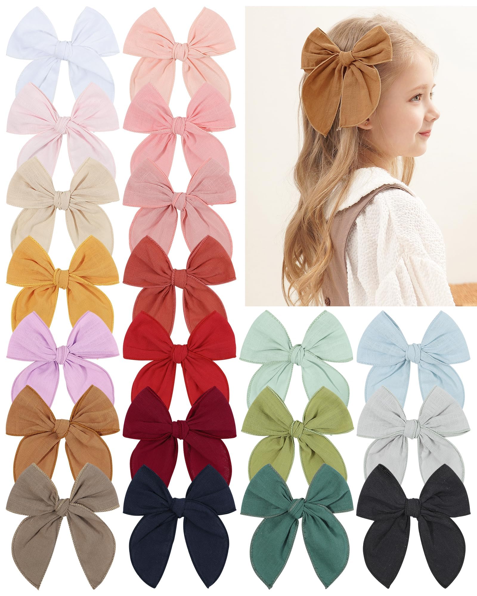 5.5 Inch 20PCS Baby Girls Hair Bows Clips - Cotton Linen Alligator Hair Clips for Toddlers & Kids | Neutral Handmade Hair Accessories | Perfect for Birthday Parties, School, Photo Shoots & Daily Wear
