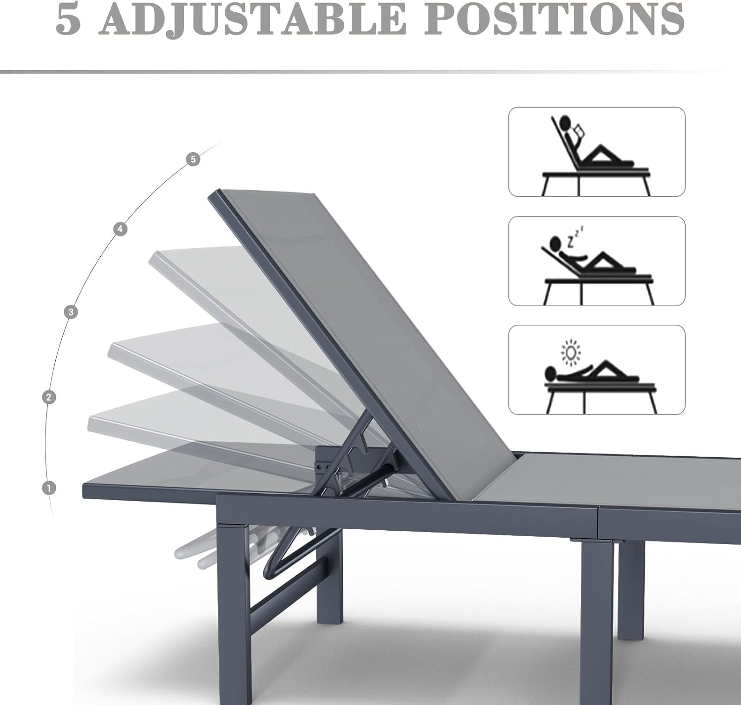 UDPATIO 3-Piece Outdoor Chaise Lounge Set with Adjustable Backrest and Side Table - Perfect for Poolside, Beach, Patio, and Backyard Sunbathing (Grey) | Durable Weather-Resistant Pool Lounge Chairs for Relaxing in Summer