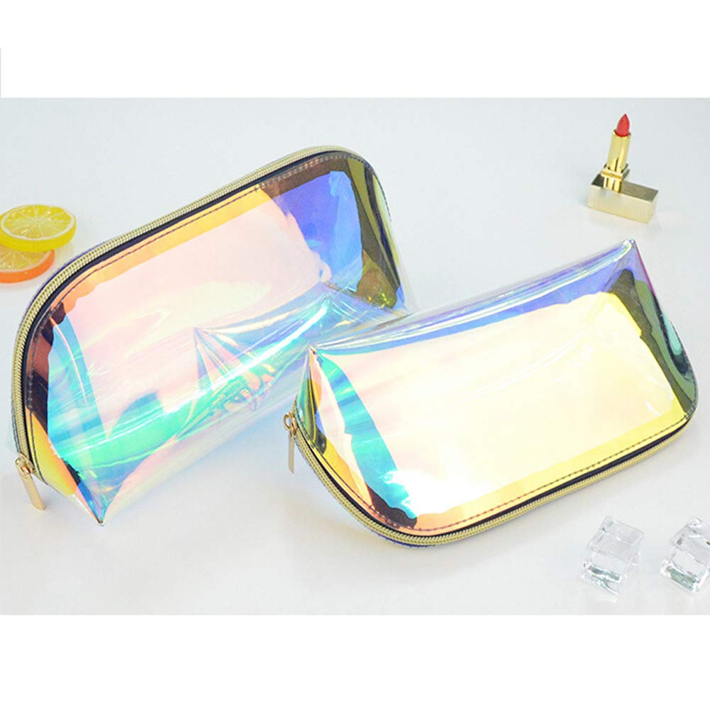 Holographic Makeup Bag Iridescent Cosmetic Pouch - Large Travel Toiletry Organizer for Women | Waterproof Clutch Purse for Gym, Beach & Evening Parties | Trendy Hologram Wristlet Handbag with Storage Compartments