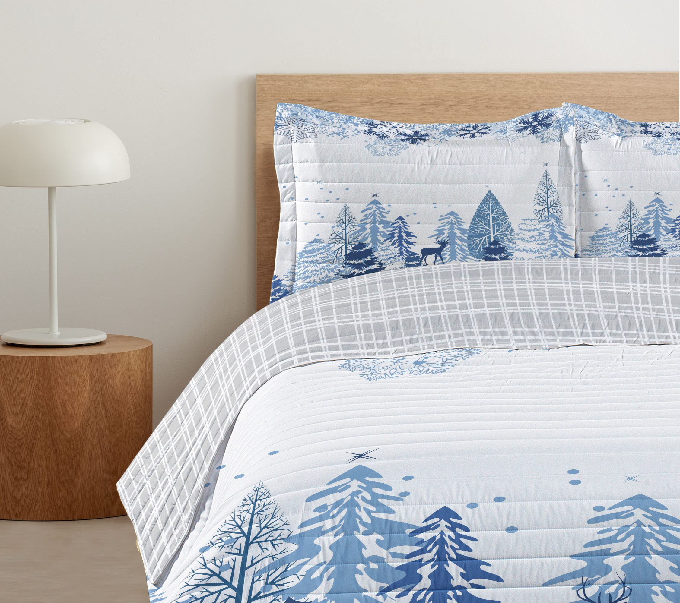 Ambesonne Winter Reversible King Size Bedspread Set - Blue White Microfiber Comforter with Deer, Snowy Trees & Christmas Pine Design | Includes Pillow Shams | Perfect for Holiday Decor & Cozy Winter Bedroom