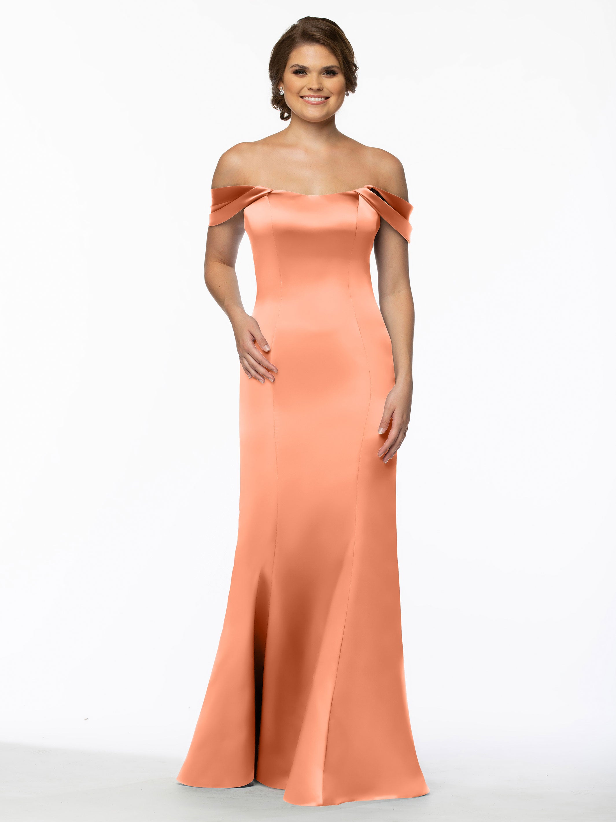 Elegant 80151 Fitted Satin Bridesmaid Dress with Off-The-Shoulder Sleeves - Perfect for Weddings, Formal Events & Special Occasions